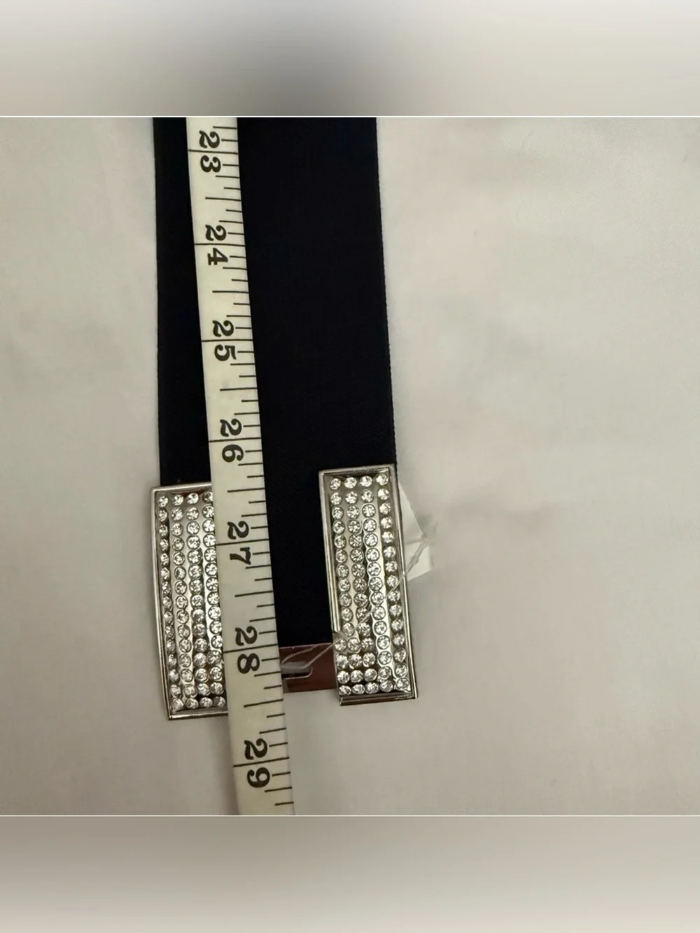 Black PU leather elastic waistband belt with silver buckle and rhinestone